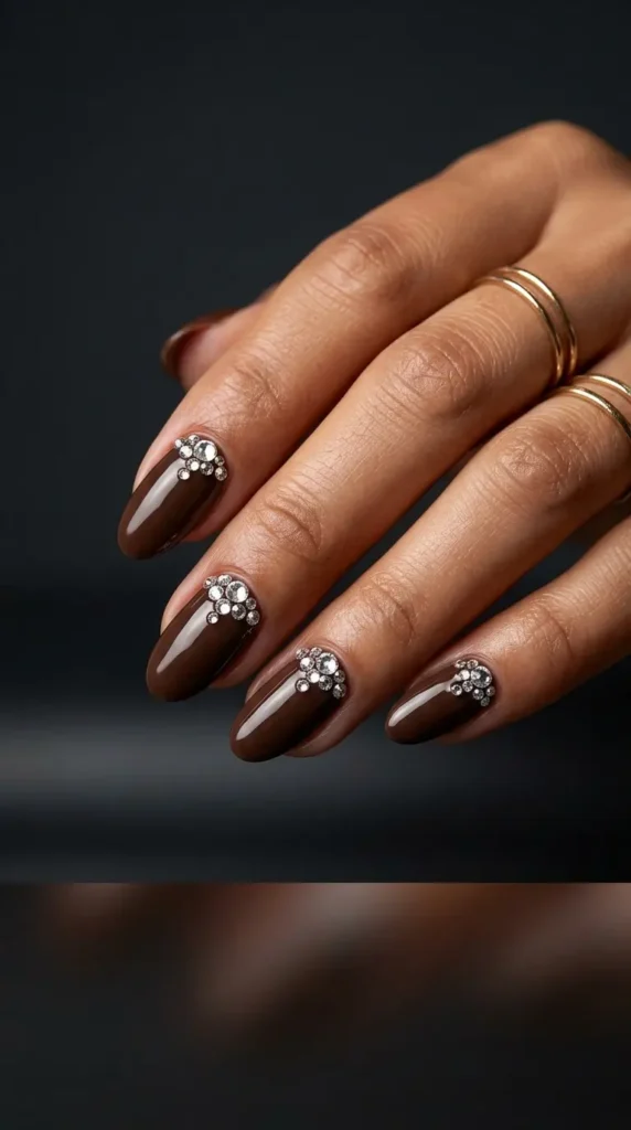 Chocolate Brown Nails With Rhinestones