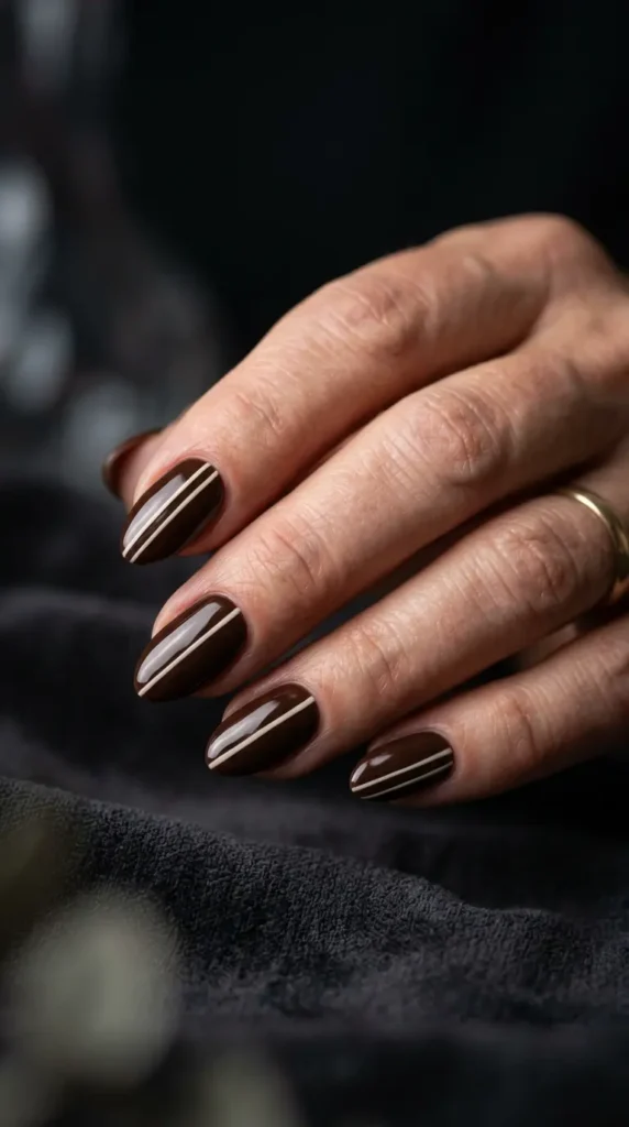 Chocolate Brown Nails With Stripes