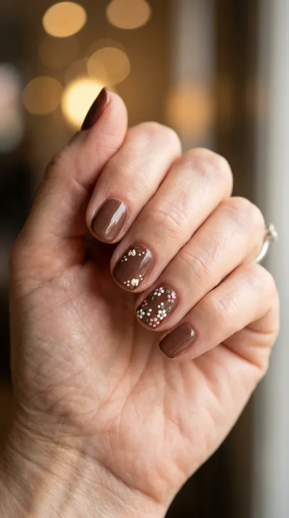 Cocoa Nails With Tiny Floral Details