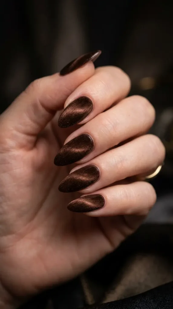 Dark Brown Velvet Almond Nails