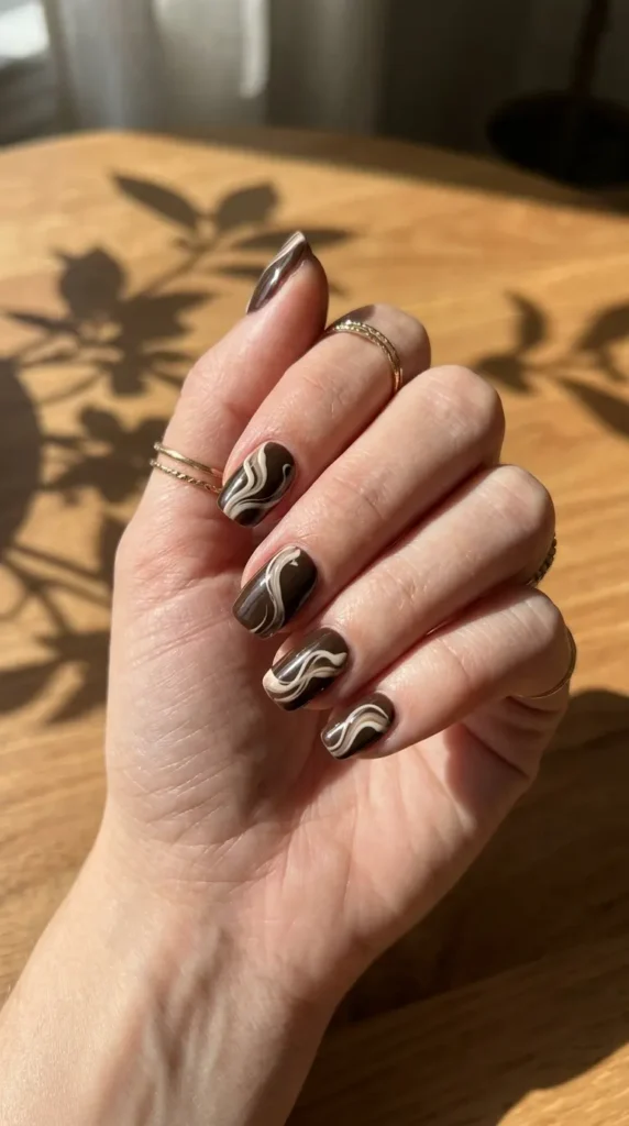 Espresso And Cream Swirl Nails