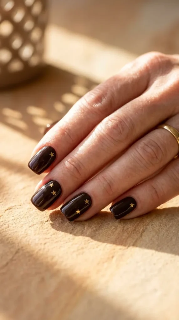 Espresso Nails With Gold Stars