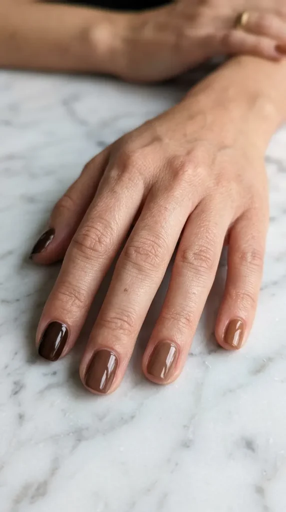 Glossy Brown Skittle Nail Designs