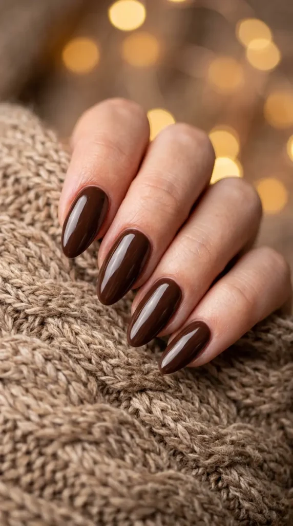 Glossy Chocolate Brown Almond Nails