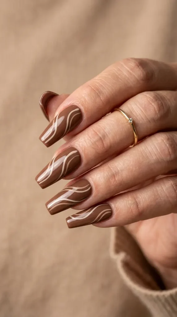 Mocha Swirl Coffin Nail Designs