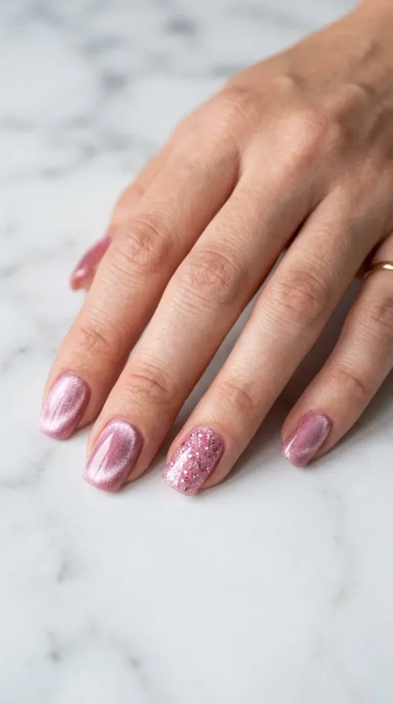 Pink Glitter Magnetic Velvet Nails
