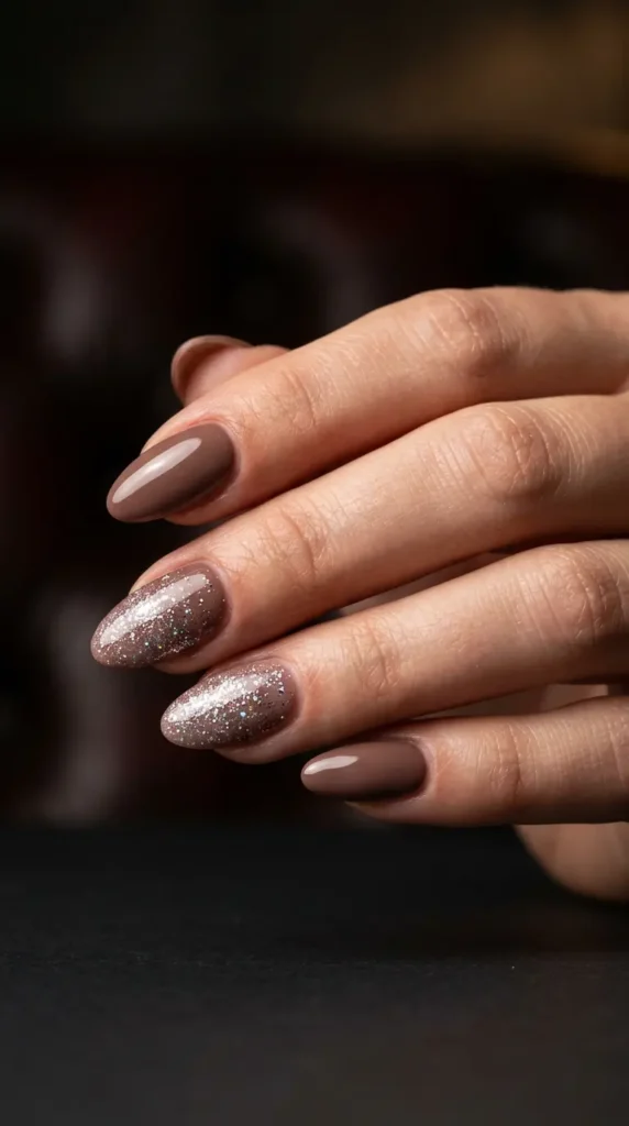 Soft Mocha Nails With Glitter