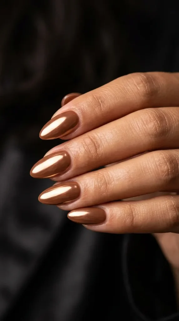 Warm Chestnut Chrome Nail Designs